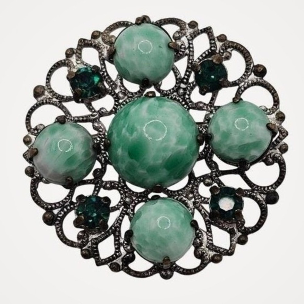 Vintage Brooch Green Silver Tone Filigree Faux Mottled Jade Cabochon Rhinestone